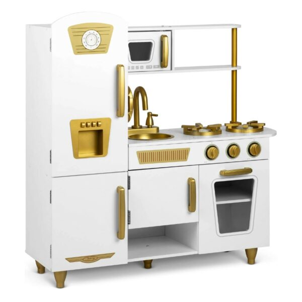 Otroška lesena kuhinja s hladilnikom | belo zlato