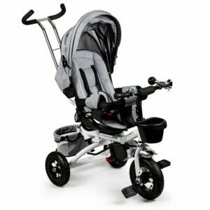 Otroški tricikel - vrtljiv za 360° | Deluxe siva, omogoča obračanje sedeža in nastavitev proti staršem ali v smeri vožnje.