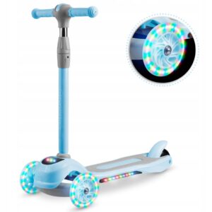 Otroški tricikel z osvetlitvijo LED | modro obarvana osvetlitev LED na kolesih, ploščadi in sprednji strani, nastavljiva višina volana.