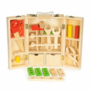 Detské drevené náradie v kufríku XXL - drevené prvky, spojovacie prvky, klince, skrutky a podložky. 100% bezpečná pre deti.