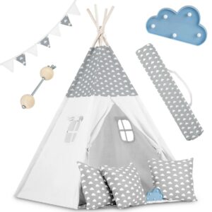 Otroški šotor TeePee z lučkami | siva z oblaki