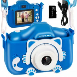 Detský digitálny fotoaparát + 16 GB micro SD | modrý má 6 rôznych funkcií: režim fotoaparátu, režim nahrávania, prehrávanie, hry a iné.