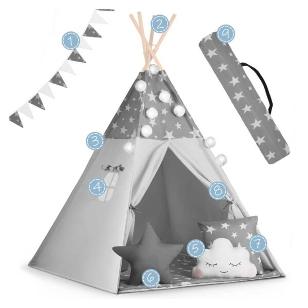 Otroški šotor TeePee z lučkami | siva