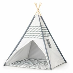 Otroški šotor TeePee | sivo-belo je odlično darilo, ki zagotavlja dobro zabavo za vse člane gospodinjstva. Postavitev šotora traja največ 10 minut.