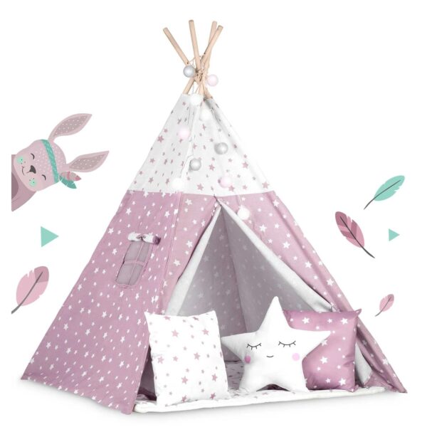 Otroški šotor TeePee z lučkami | roza z zvezdicami
