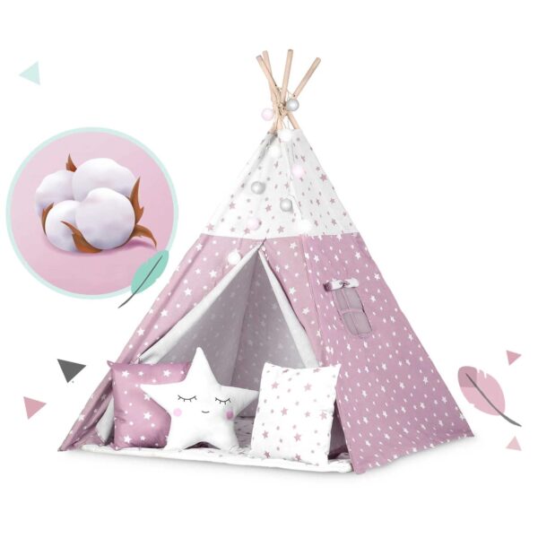 Otroški šotor TeePee z lučkami | roza z zvezdicami