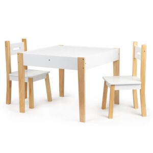 Otroška miza z dvema stoloma in tablo | 4x prostor za shranjevanje je odličen set za vse otroke. Miza ima trdne borove noge, ki ji zagotavljajo stabilnost.