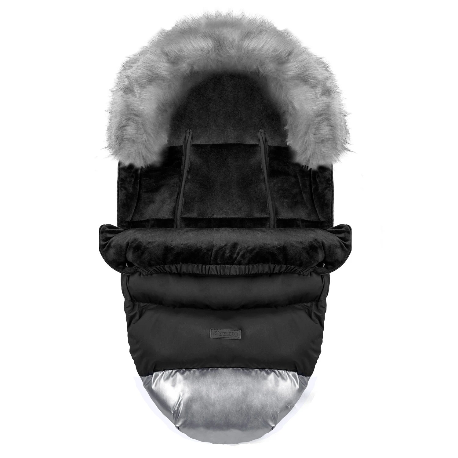 Otroški zimski voziček z mehkim krznom – črno-srebrni