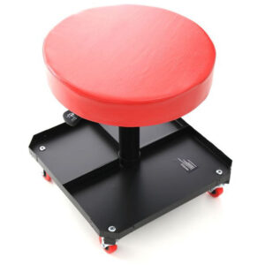 Delavniški stol s polico za orodje 136 kg | KD376 je vrtljiv za 360°. Opremljen je s polico za orodje, ključe in vijake.