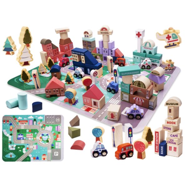 Drevené vzdelávacie kocky s puzzle podložkou – mesto | 135ks potešia detailmi, farebné vozidlá a budovy upútajú pozornosť každého dieťaťa.