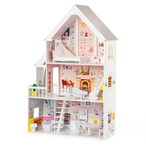 Lesena hišica za lutke XXL | roza ima 3 samostojna nadstropja in skupno 5 sob - vse popolnoma posnema pravo stanovanjsko hišo.