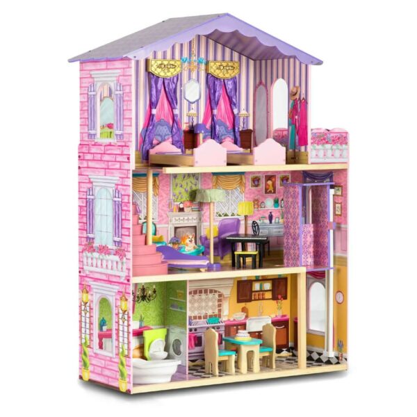 Lesena hišica za lutke + pohištvo + dvigalo | roza