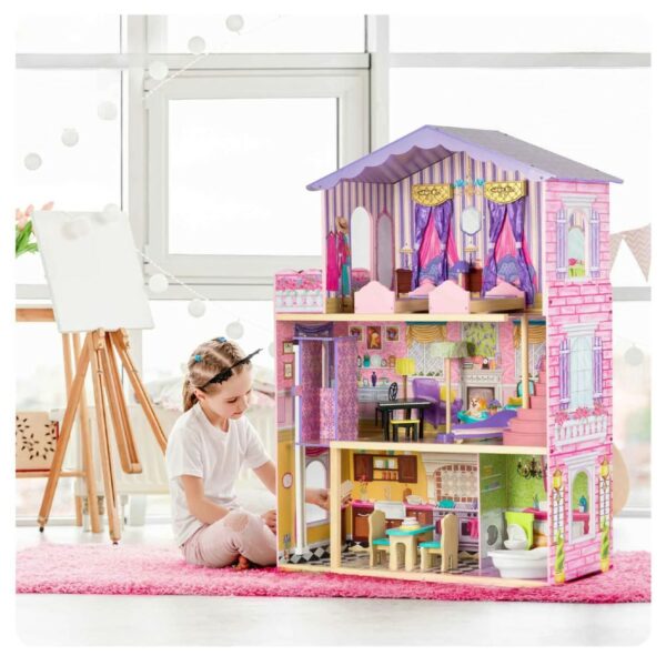 Lesena hišica za lutke + pohištvo + dvigalo | roza