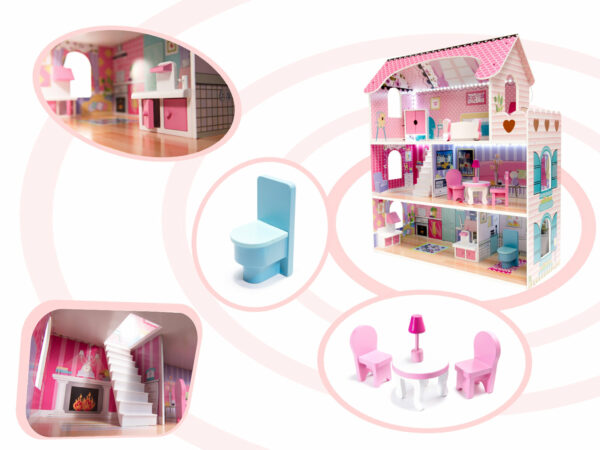 Lesena hišica za lutke s pohištvom in LED lučjo | roza