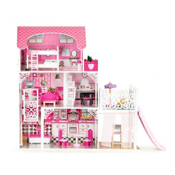 Lesena hišica za lutke s toboganom XXL | roza
