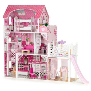 Lesena hišica za lutke s toboganom XXL | roza
