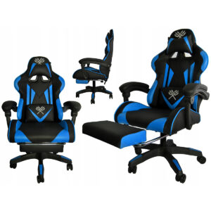 Gaming stol z blazinami in naslonom za noge | črno-modra ima izvlečni zložljivi naslon za noge, ki je skrit pod sedežem. Vključuje 2 udobni blazini