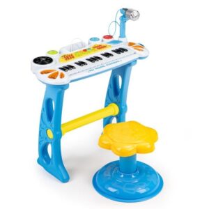 Klavir za otroke z mikrofonom in stolom | modra. S to igračo se bo vaš otrok lahko podal v svet melodij in zvokov ter sestavljal svoje lastne skladbe.