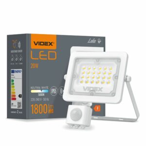 LED reflektor s senzorjem gibanja 1800lm 20W PIR | VIDEX - ima stopnjo zaščite IP65 in zaščito pred mehanskimi udarci IK07 ter je popolnoma odporen na vlago.
