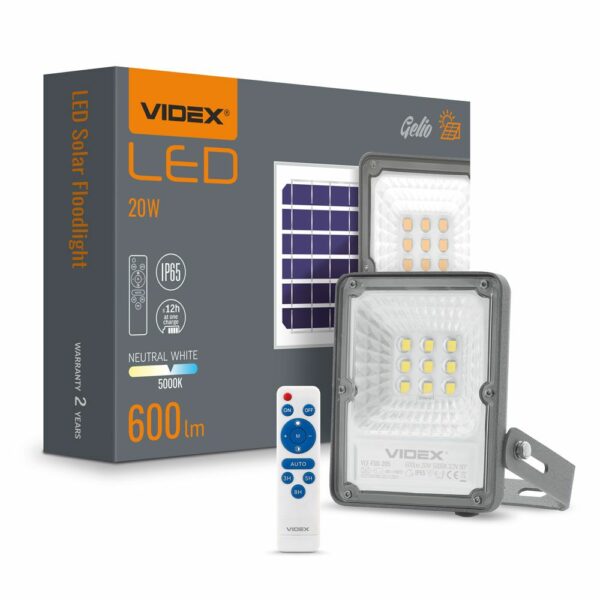 LED sončni reflektor 600lm 20W + daljinski upravljalnik | VIDEX GELIO
