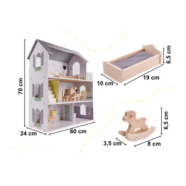 Moderna hišica za lutke z dodatki - siva | 70 cm