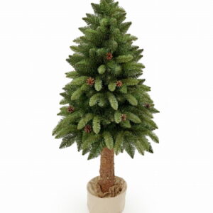 Umelý vianočný stromček na pníku so šiškami PREMIUM | 1.65m - je osadený na prírodnom kmeni borovice. Je ozdobený prírodnými šiškami.