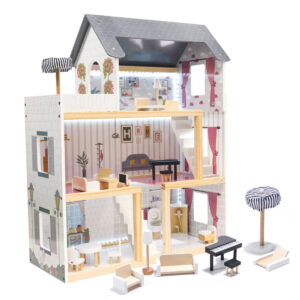 Velika lesena hišica za lutke z LED osvetlitvijo in pohištvom