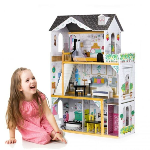 Velika lesena hiša za lutke z dvigalom | + pohištvo