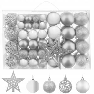 Vianočné gule - ozdoby + hviezda 100ks | strieborné - sada obsahuje matné ozdoby, trblietavé ozdoby, lesklé ozdoby, hviezdu.