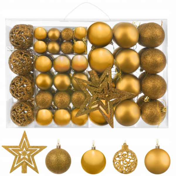 Vianočné ozdoby - gule + hviezda 100ks | zlaté majú matný, trblietavý a lesklý povrch. Súčasťou sú aj vianočné gule s pútavým povrchom.