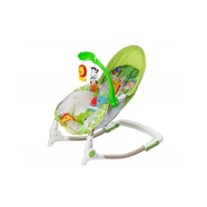 Ležalnik za dojenčke 3v1 | zelena. Opremljen je z mehkim, na otip prijetnim ležiščem, pultom z dvema igračama in multimedijsko ploščo.