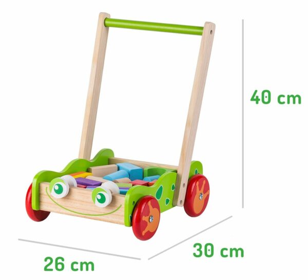 Leseni voziček "žabica" za potiskanje + lesene kocke ECOTOYS