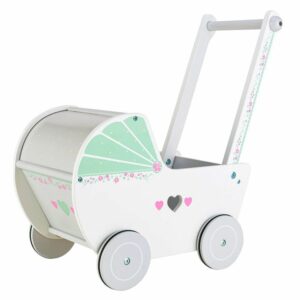 Leseni otroški voziček in hodulja 2v1 | beli sodobni voziček za vašo deklico, ki bo med hojo s punčkami razvijala tudi ravnotežje.
