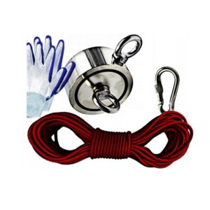 Neodimov magnet KD10415 | rokavice in vrv 140 kg. Močan magnet z dolgo vrvjo za vleko česar koli z obale ali rezervoarja za vodo.