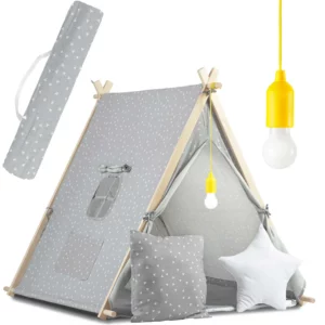 Otroški šotor TeePee s svetilko | siva, izdelan iz vrhunskega bombaža. Bombaž je idealen za otroške šotore, saj odlično diha.