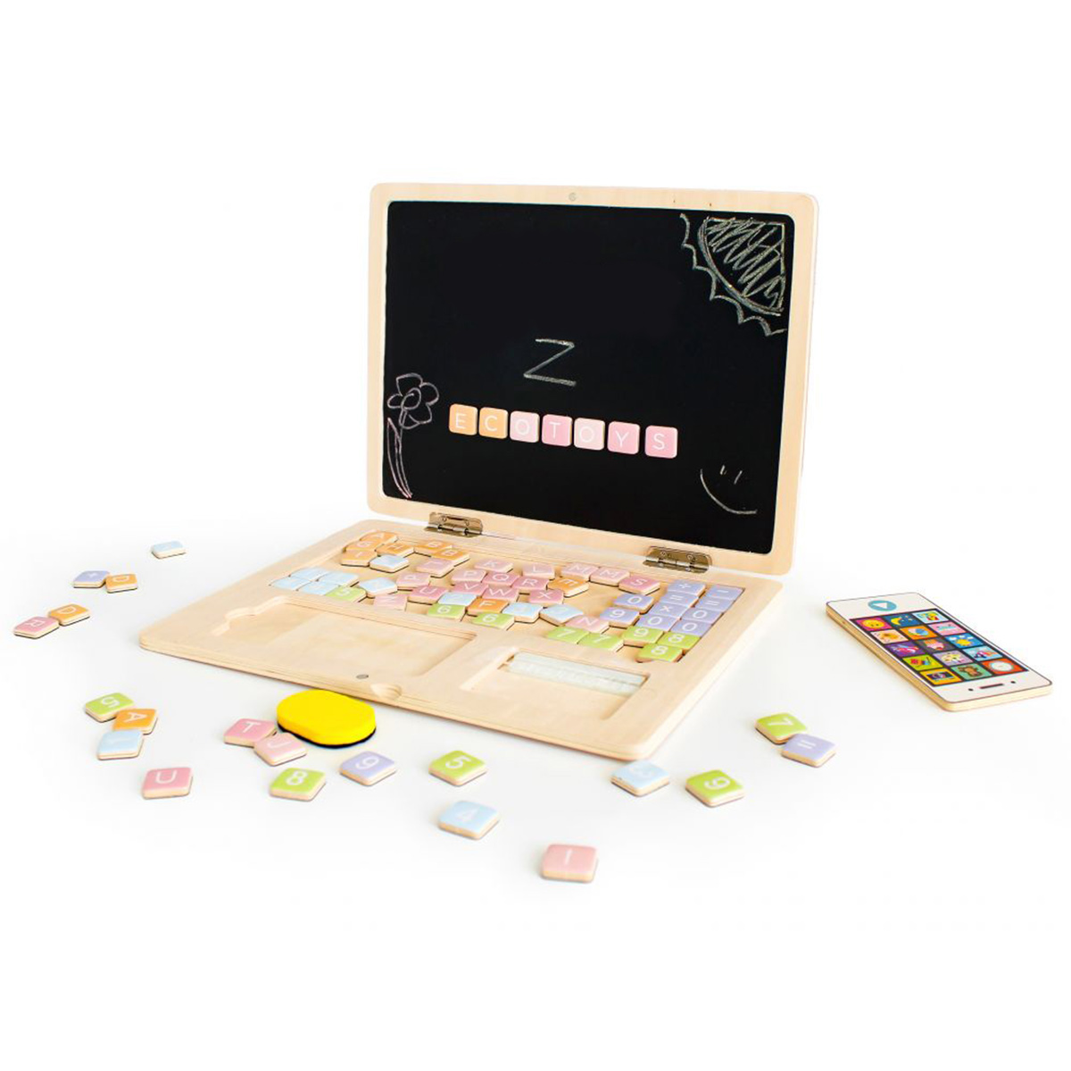 Lesen izobraževalni prenosni računalnik s tablo. Komplet vsebuje 78 magnetnih elementov, iz katerih lahko otrok na tabli ustvarja stavke, preproste enačbe itd.