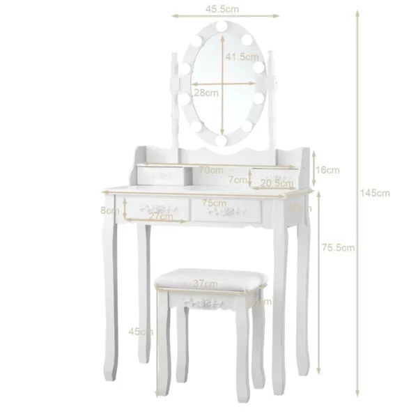 Toaletna mizica s stolčkom, ogledalom, osvetlitvijo LED | bela