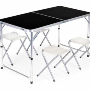 Pohodniška miza, zložljiva, + 4 stoli, črna | 119,5 x 60 cm