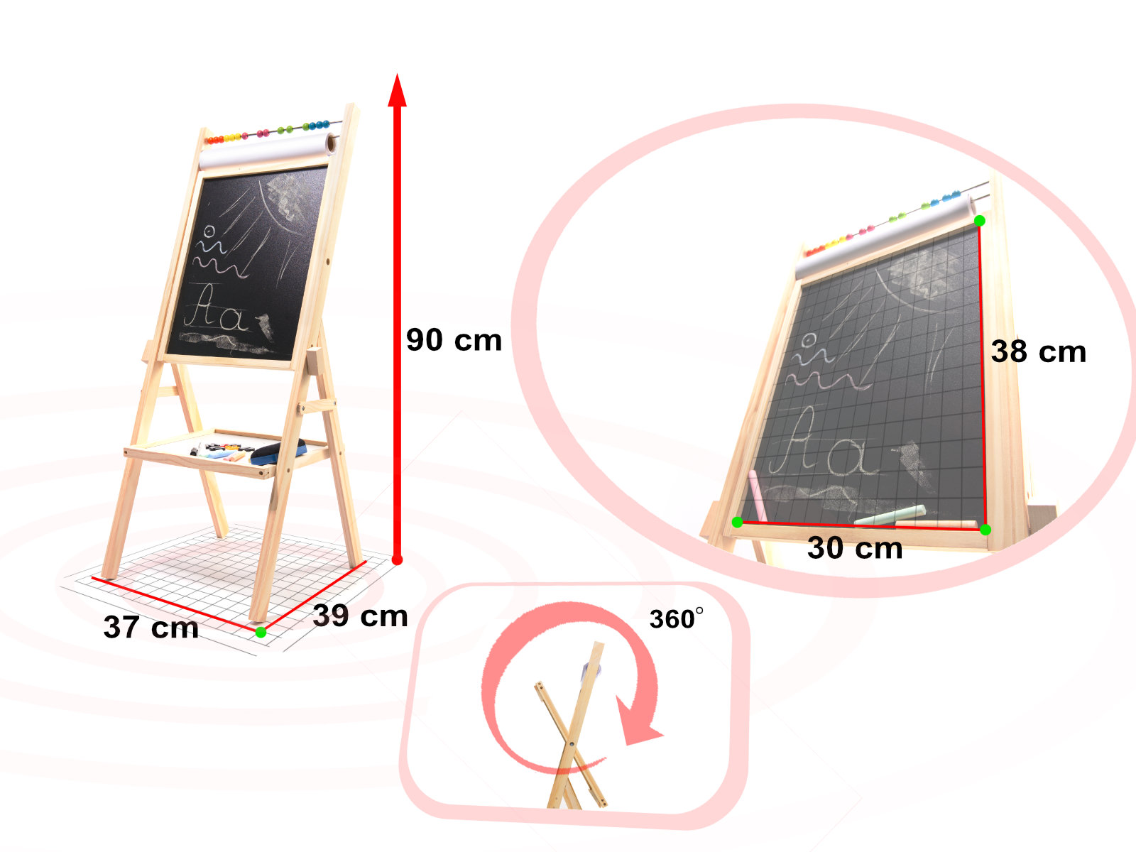 Magnetna tabla s kredo + tabla za štetje in črke | 38 cm x 36,5 cm x 90 cm