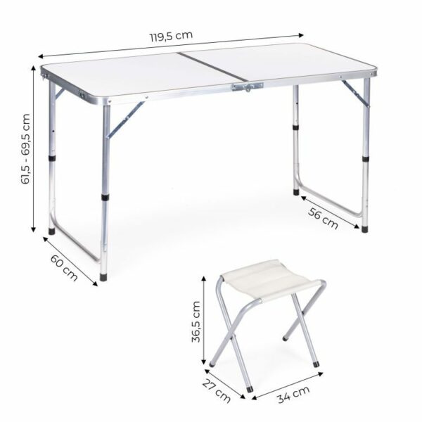 Pohodniška miza, zložljiva, + 4 stoli, bela | 119,5 x 60 cm