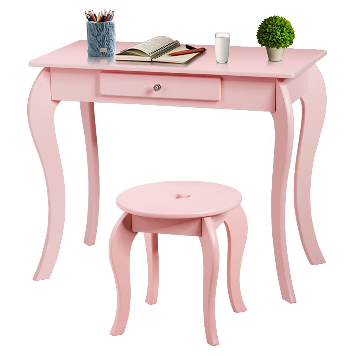Otroška toaletna mizica s taburejem in ogledalom v roza barvi