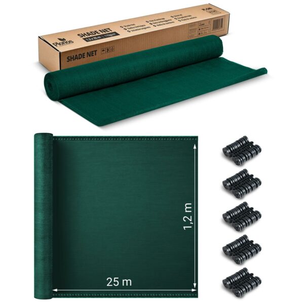 Senčna mreža + 50 sponk, 110 g/m2, 1,2 x 25 m, zelena | Plonos