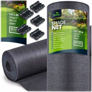 Senčna mreža + 50 sponk, 140 g/m2, 1,2 x 25 m, siva | Plonos