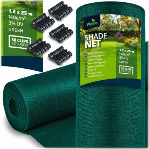 Senčna mreža + 50 sponk, 140 g/m2, 1,2 x 25 m, zelena | Plonos