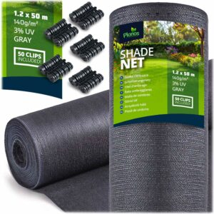 Senčna mreža + 50 sponk, 140 g/m2, 1,2 x 50 m, siva | Plonos