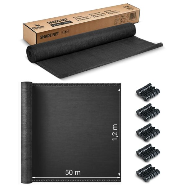Senčna mreža + 50 sponk, 140 g/m2, 1,2 x 50 m, siva | Plonos