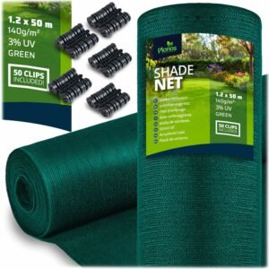 Senčna mreža + 50 sponk, 140 g/m2, 1,2 x 50 m, zelena | Plonos