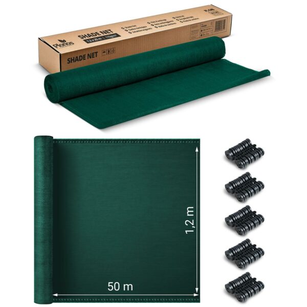 Senčna mreža + 50 sponk, 140 g/m2, 1,2 x 50 m, zelena | Plonos