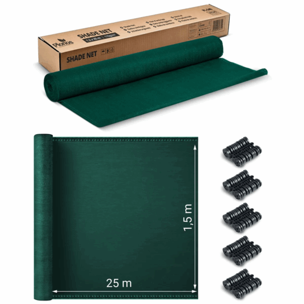 Senčna mreža + 50 sponk, 110g/m2, 1,5x25m, zelena | Plonos