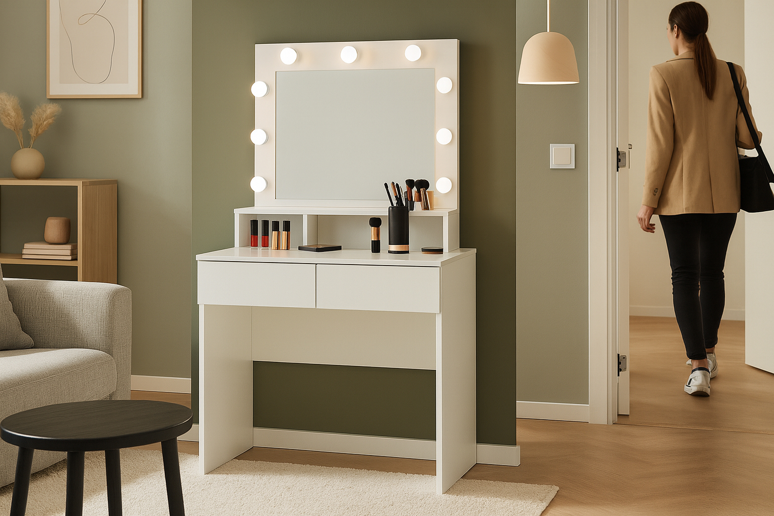 Toaletna mizica z LED osvetlitvijo, 2 predala | bela